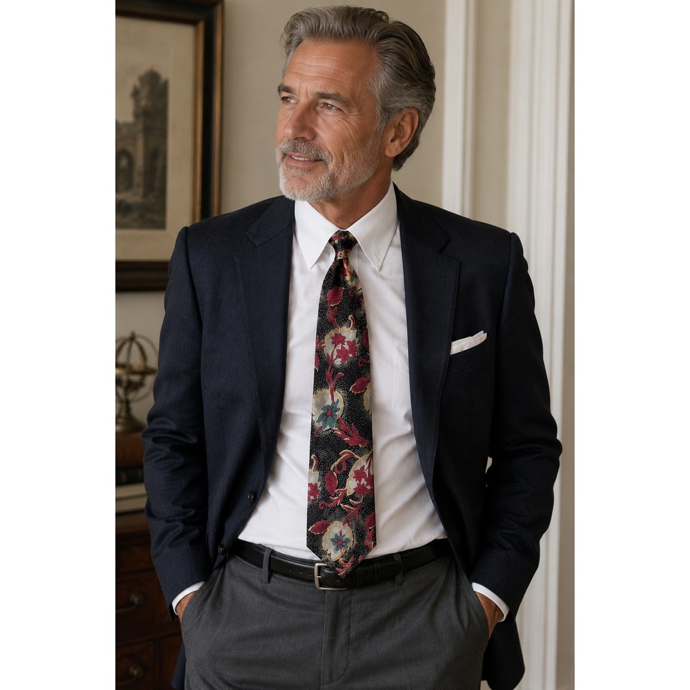 Gino Pompeii Mens Silk Necktie Black Red Floral Vine Handmade‎ Silk Tie Vintage